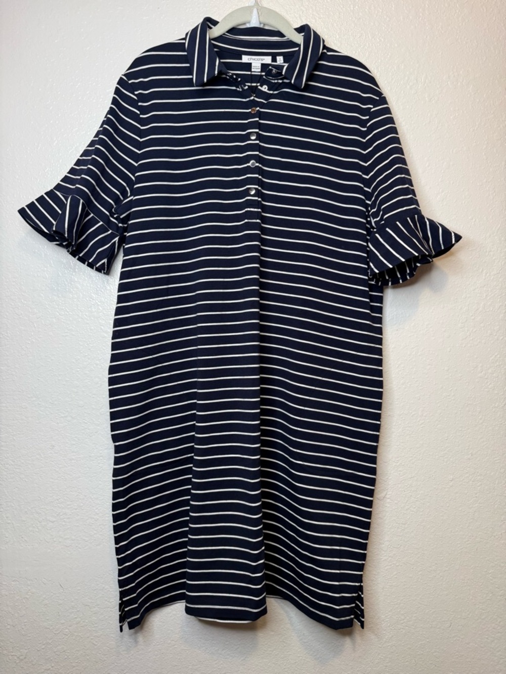 Chico’s Zenergy UPF Knit Striped Polo Shirt Dress Ruffle Sleeve Size 2 New